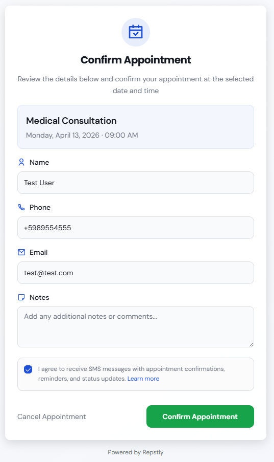 Página de confirmación de cita con casilla de consentimiento SMS